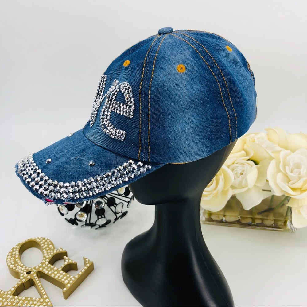 Denim Love Rhinestone Baseball Cap Hat - Picture 3 of 6